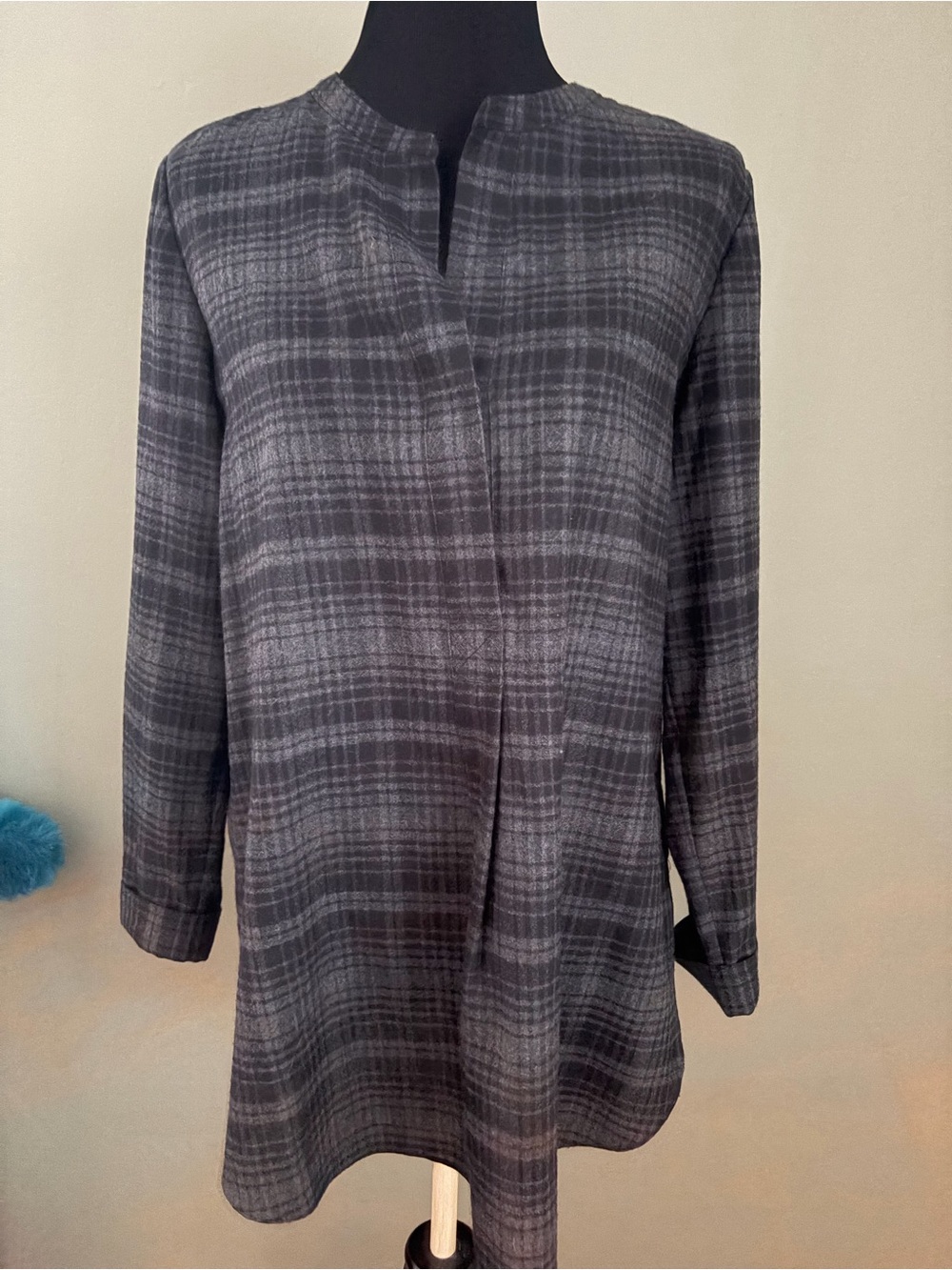 Theory Black and Gray Plaid Tunic Blouse Wool Large
